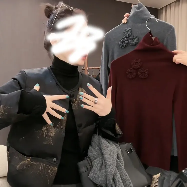 立体花朵内搭针织衫上衣2024秋冬新款高领长袖打底衫LK2500689