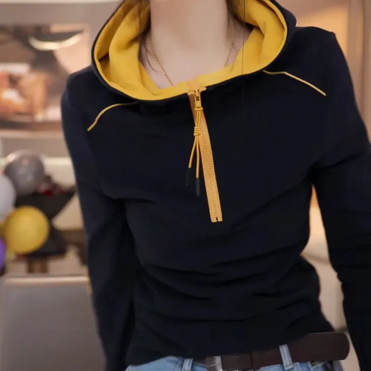 秋冬新款拼接连帽时尚洋气修身德绒t恤黑色百搭上衣LK2500433