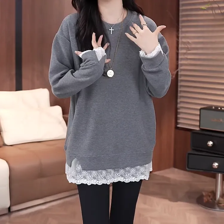 2025秋冬新款设计感假两件显瘦长袖拼接蕾丝打底上衣LK2500756