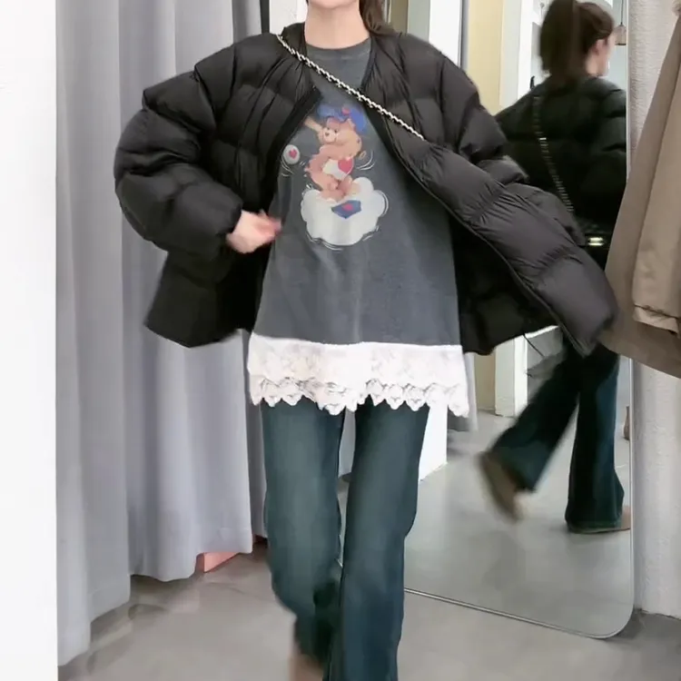 2024秋冬加绒上衣新款上衣长袖印花T恤蕾丝拼接打底衫LK2500799