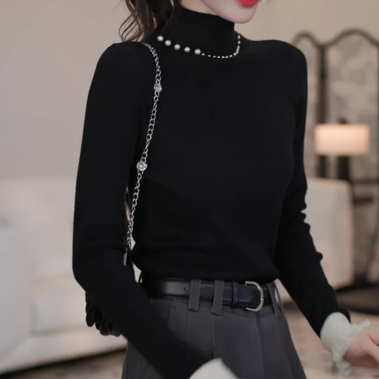 秋冬款设计感气质显瘦百搭纯色修身T恤女加绒保暖打底衫LK2500347