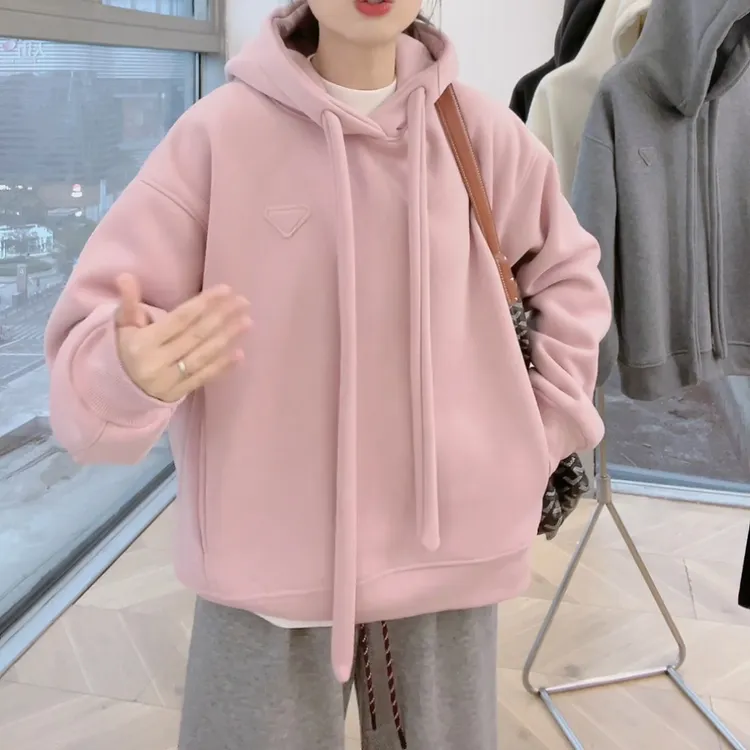 【休闲百搭】秋冬时尚加厚款宽松纯色女款拼接连帽卫衣LK2500353