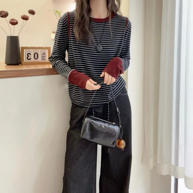 【摩登线谱】复古撞色条纹圆领长袖针织衫美丽诺绵羊毛打底衫