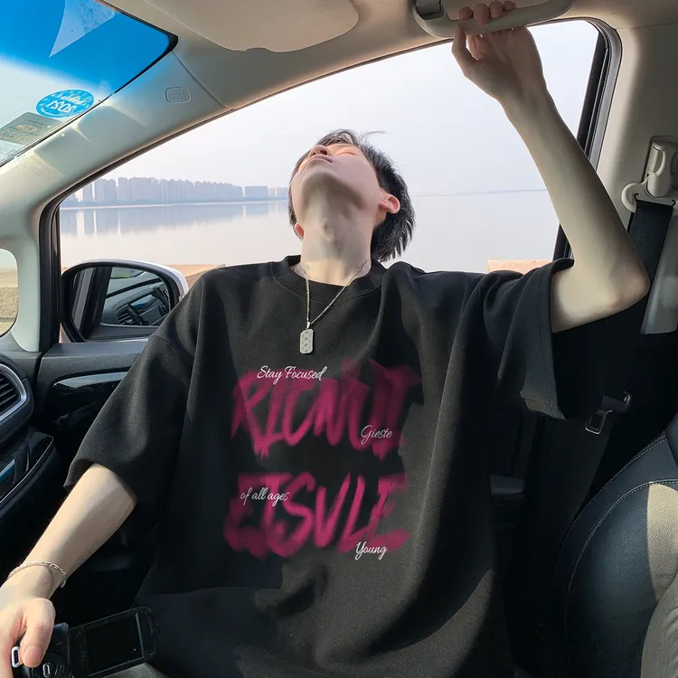 美式复古纯棉重磅短袖t恤男夏季百搭半袖潮牌潮流宽松圆领五分袖