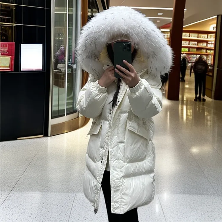 大毛领中长款羽绒服2025女士冬新款韩版宽松时尚连帽外套女