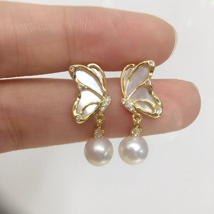 天然淡水珍珠耳钉女天然海贝贝母蝴蝶珍珠耳饰时尚轻奢法式优雅