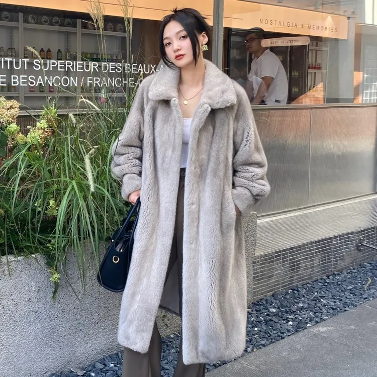 【薇薇】新款秋冬进口天鹅绒级水貂毛皮草整貂皮大衣女立领长款女