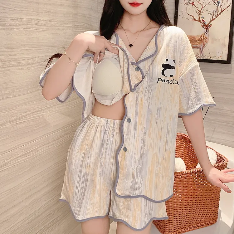 夏季睡衣女款爆款2024新款带胸垫短袖短裤套装可外穿卡通家居服