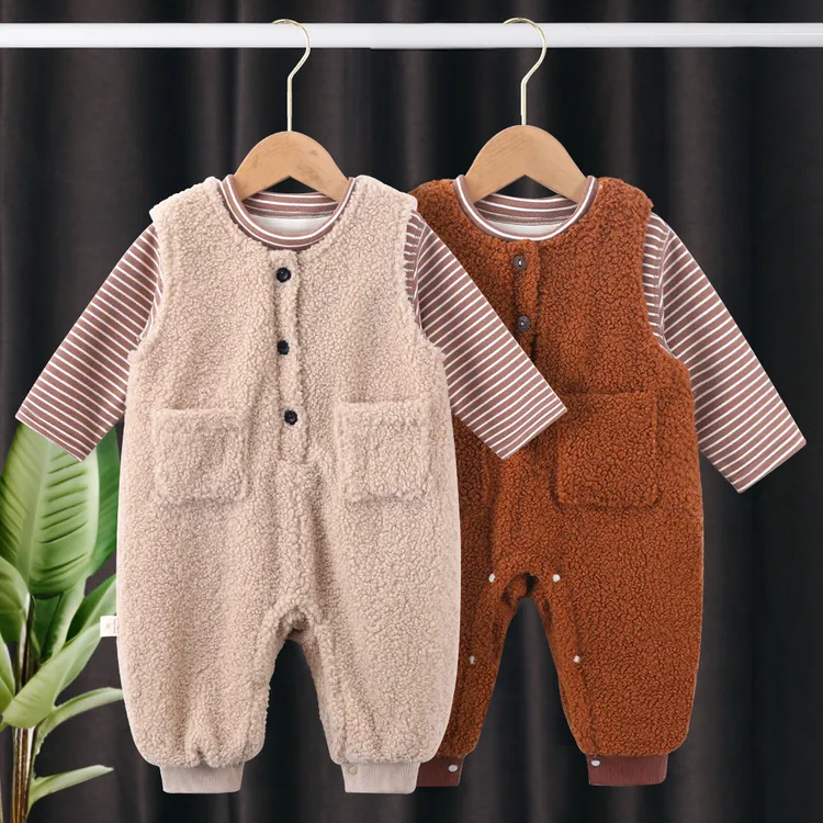幼儿连体衣加绒套装保暖冬季宝宝无袖羊羔毛背带裤儿童加厚外出服