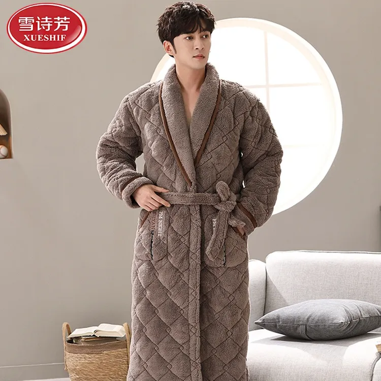 睡袍男士睡衣冬季三层加厚加绒长款珊瑚绒夹棉浴袍秋冬保暖法兰绒