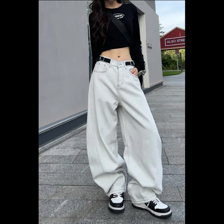 11229秋冬加绒复古美式纯色牛仔裤百搭显瘦直筒宽松阔腿弯刀裤女