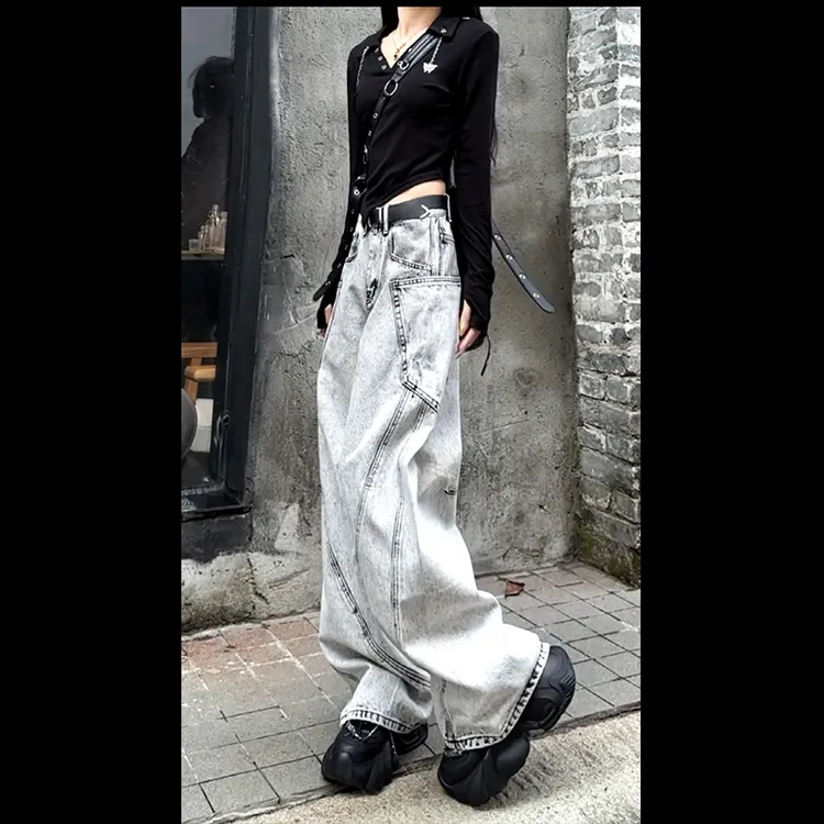 30611牛仔裤女2025年春季新款欧美个性拼接高腰宽松阔腿牛仔裤