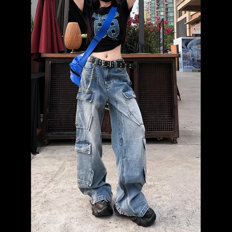 现货31909高腰牛仔裤女年新款美式阔腿薄款工装裤大口袋喇叭裤