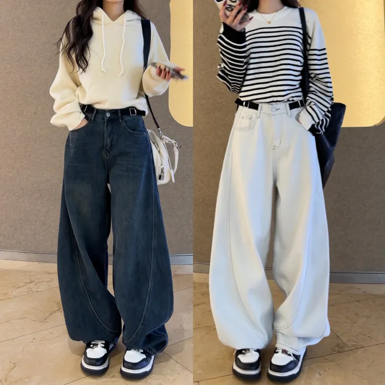 11229复古美式纯色牛仔街头百搭显瘦直筒宽松阔腿弯刀裤女