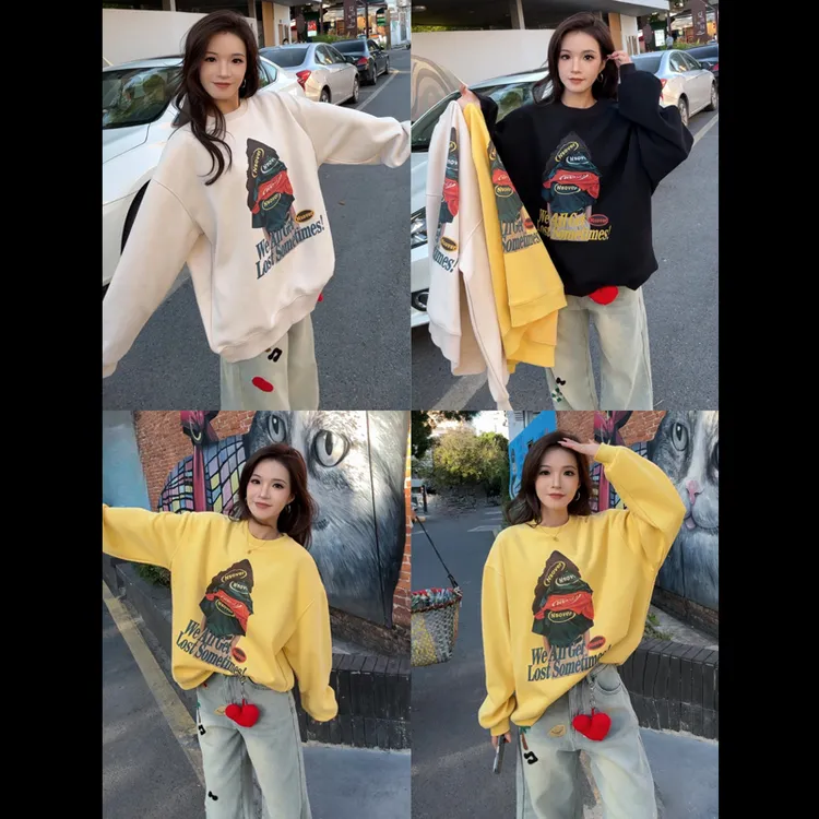 39332加绒棉宽松卫衣女2024年冬季新款大版休闲圆领长袖上衣女