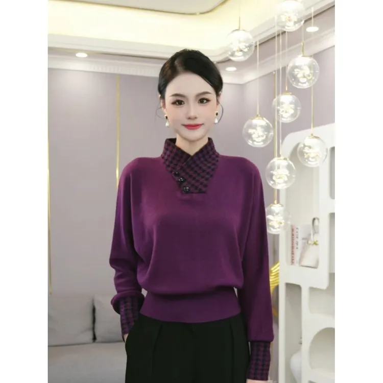唐熹2026秋冬新款【TX-38】含绵羊毛时尚拼接紫色立领套头针织小