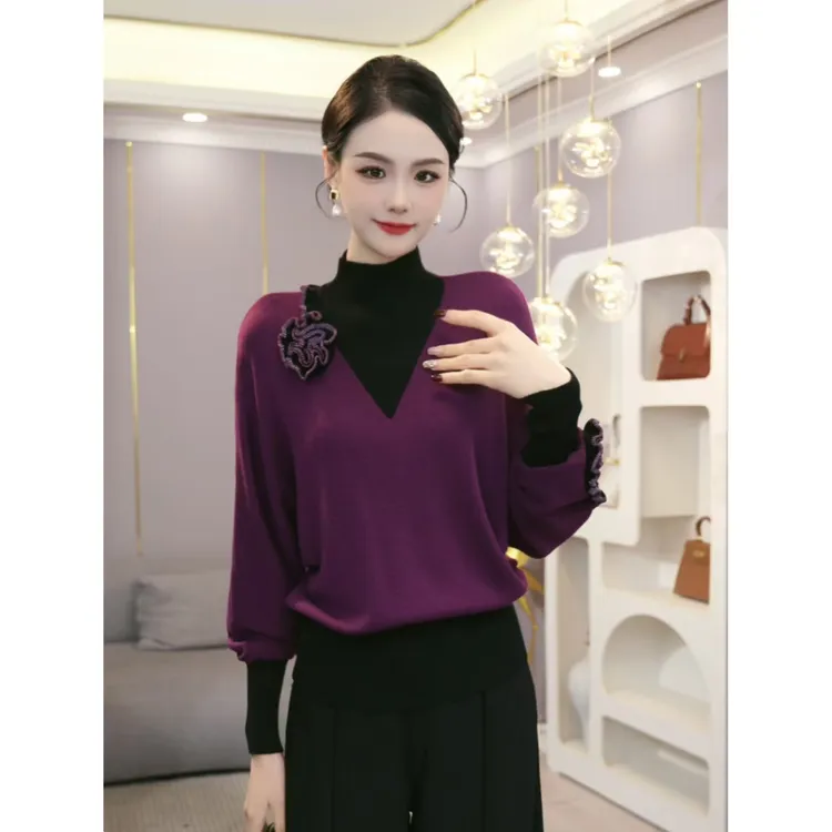 2026秋冬新款【ZM-D728JR】含绵羊毛假两件设计紫色针织衫上衣女