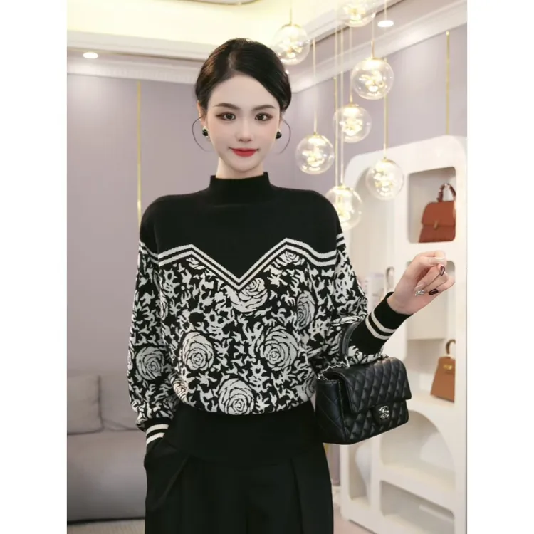 2026秋冬新款【83JR】含绵羊毛时尚设计感黑色毛衣针织衫上衣女