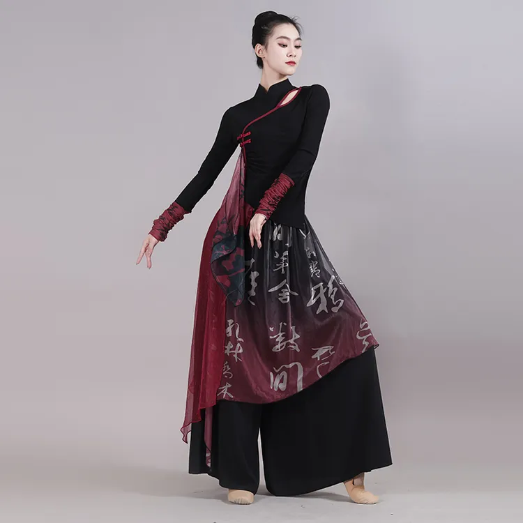 古典舞裤裙舞蹈裤服装女中国舞练功服现代舞飘逸红色渐变阔腿裤