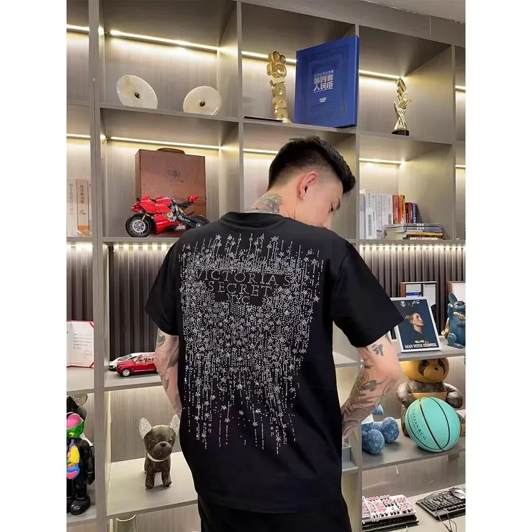 潮牌百搭潮流时尚圆领短袖T恤男士满天星夏季烫钻修身打底衫半袖