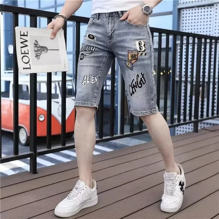 欧洲站牛仔短裤男士夏季潮牌印花刺绣五分裤潮流修身弹力中裤马裤