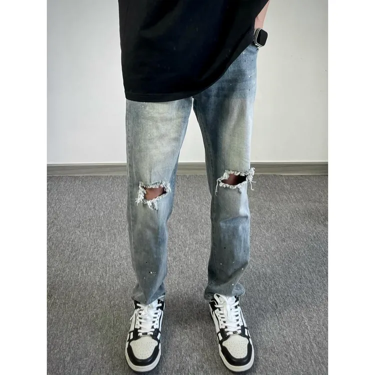 破洞牛仔裤男款宽松直筒美式高街2024夏季薄款ins乞丐男士长裤子