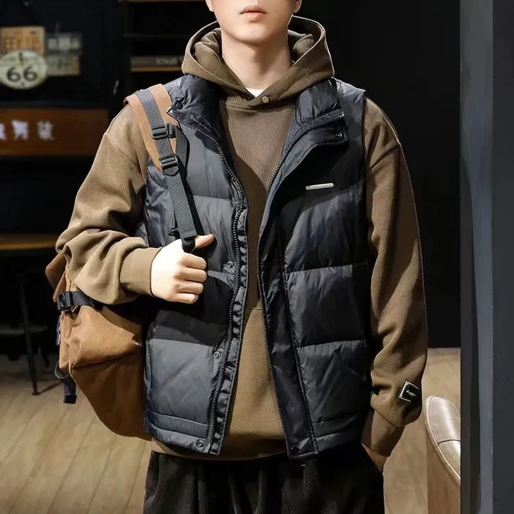 AEMAPE高端美式拼接鸭绒马甲秋季新款无帽立领羽绒外套背心男长袖