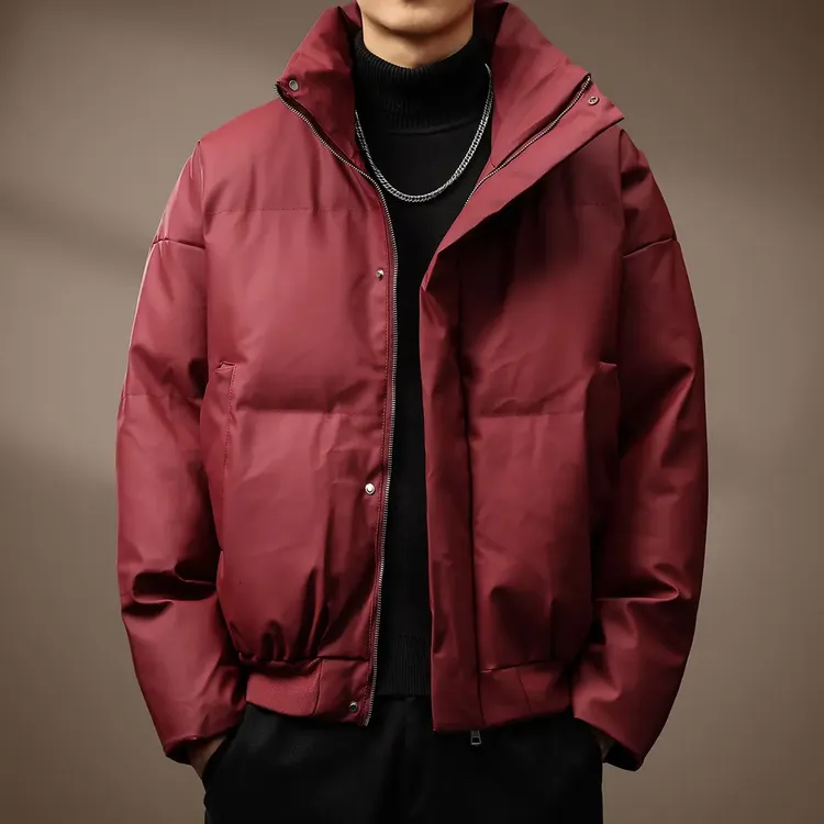 高端美式复古PU立领棉衣棉服男冬新款安可拉红薄款保暖面包服外套