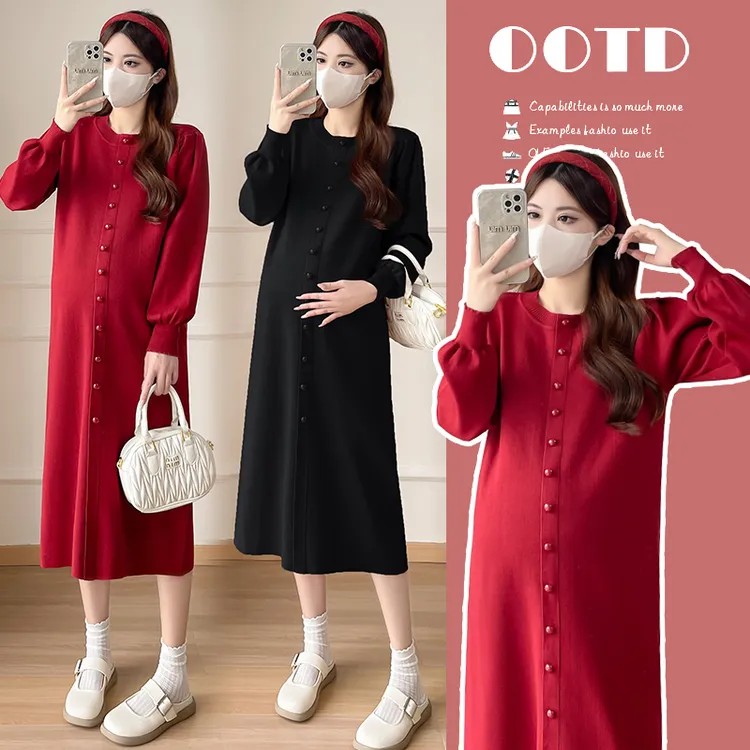 加厚孕妇连衣裙秋冬喜庆过年红色保暖针织孕妇毛衣百搭孕妇装春季