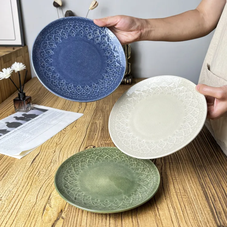 【有颜值的~菜盘】B340陶瓷家用浮雕盘子欧式轻者风牛排盘微瑕疵