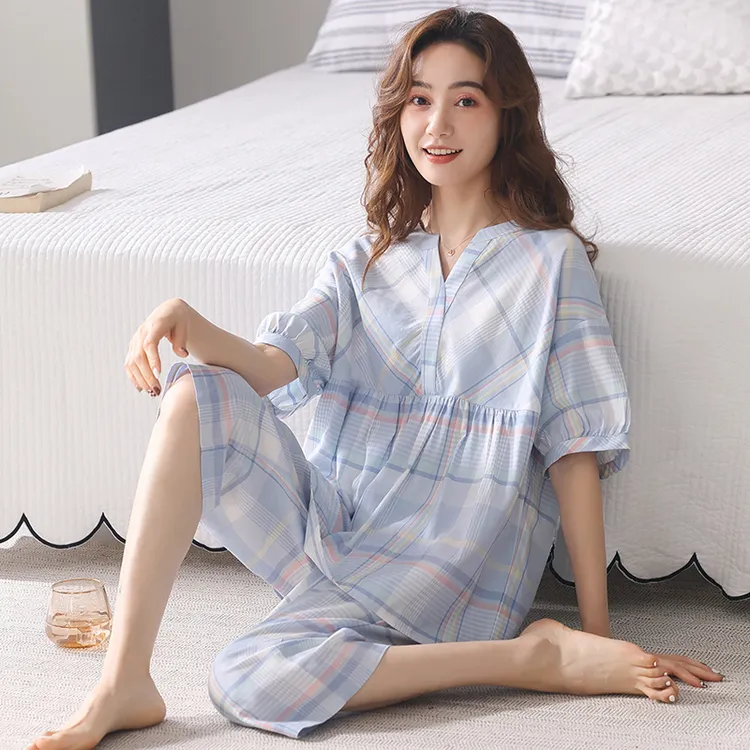 梭织纯棉纱布睡衣女士短袖七分裤套头全棉大码家居服套装夏季薄款