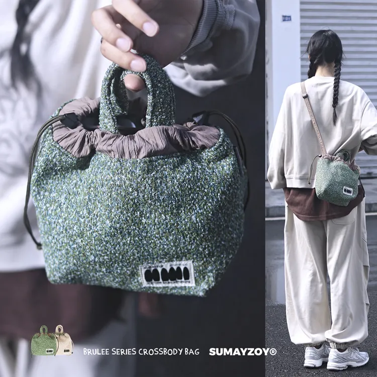 SUMAYZOY斜挎包小众设计抽绳束口包单肩手提水桶云朵包秋冬毛绒包