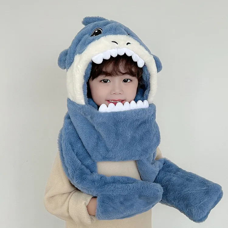 儿童毛绒帽子围巾手套三件套冬季保暖加厚男女宝宝护耳一体帽加绒