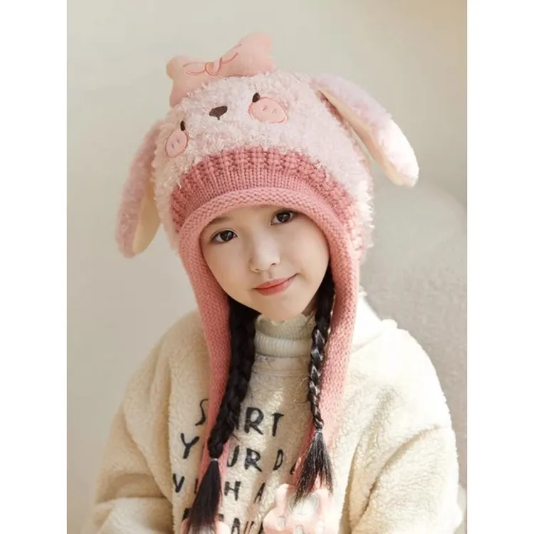 儿童帽子秋冬季男女童可爱毛绒帽中童加厚保暖套头宝宝防风护耳帽