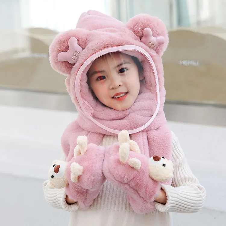 宝宝帽子冬骑行保暖毛绒帽男女童防护面罩儿童围巾手套一体帽防风