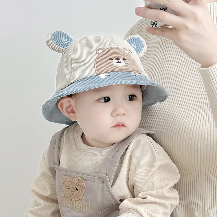 宝宝秋冬季渔夫帽韩版保暖可爱小熊护耳男女童春秋婴幼儿灯芯绒厚