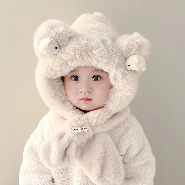 宝宝帽子围脖冬季毛绒一体帽两件套可爱防风男童女婴幼儿加绒护耳