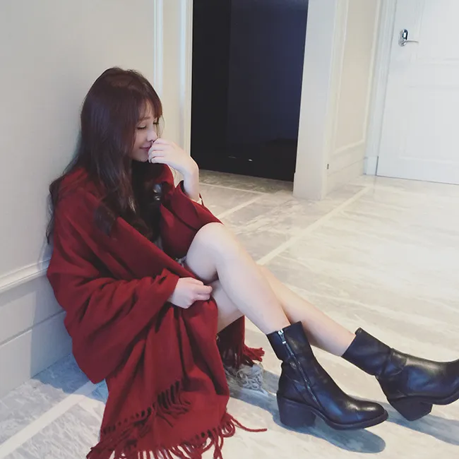 秋冬超长加厚纯色针织毛线流苏围巾复古酒红色黑色大围巾保暖大披