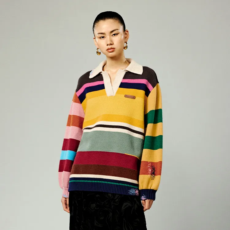 UOOYAA/乌丫秋季经典「奶奶毛衫」复古彩色条纹POLO领毛衫1145