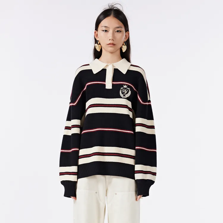 UOOYAA秋季时尚休闲「Vintage」系列POLO领条纹撞色毛衫9316