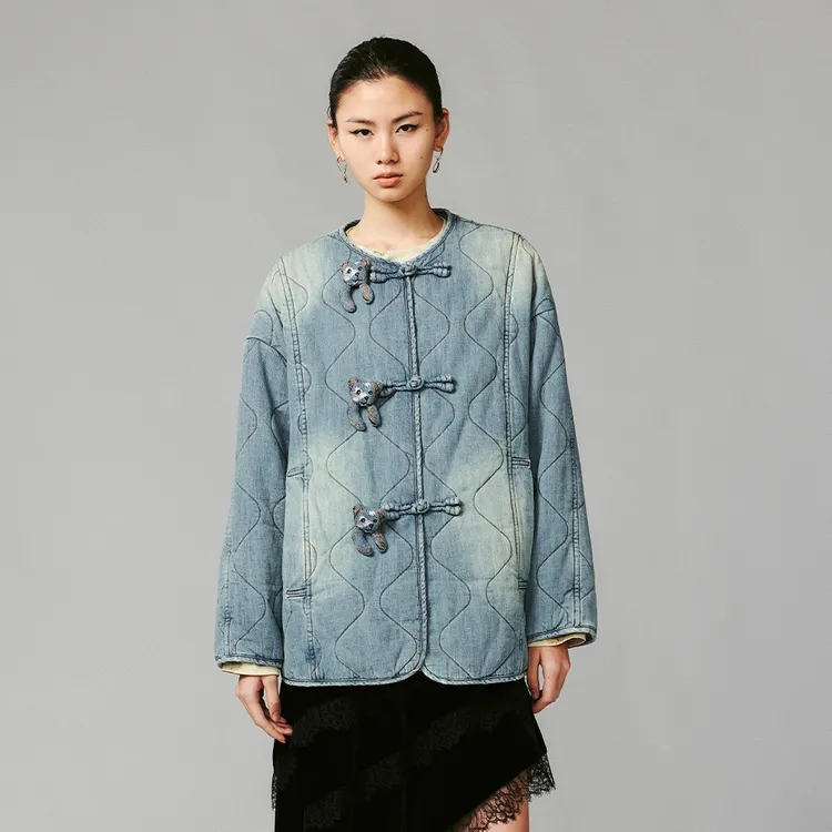UOOYAA/乌丫冬季经典「熊熊系列」复古盘扣水洗牛仔棉服外套7161