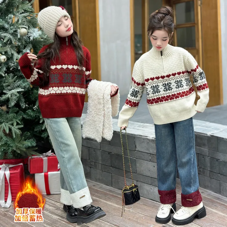 女童毛衣秋冬款高领中大儿童冬季复古拼色半拉链加厚针织毛线上衣