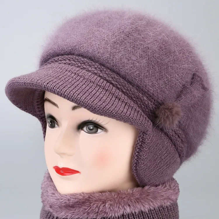 中老年加厚兔毛线帽秋冬妈妈帽子女加绒老年人帽子防寒护耳针织帽