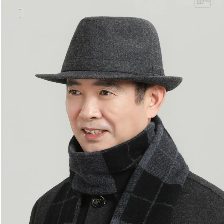 秋冬季高档爸爸羊毛礼帽男士保暖爵士帽中老年人帽子男牛仔绅士帽