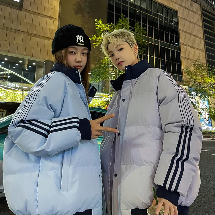 学院风棉衣三条杠撞色男女同款冬季新款加厚保暖立领防风棉外套男