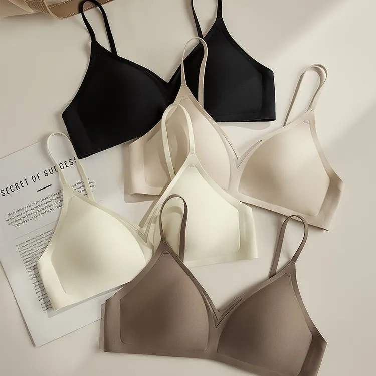 深V聚拢三角杯内衣法式小胸文胸无钢圈一片式夏季软支撑文胸罩女