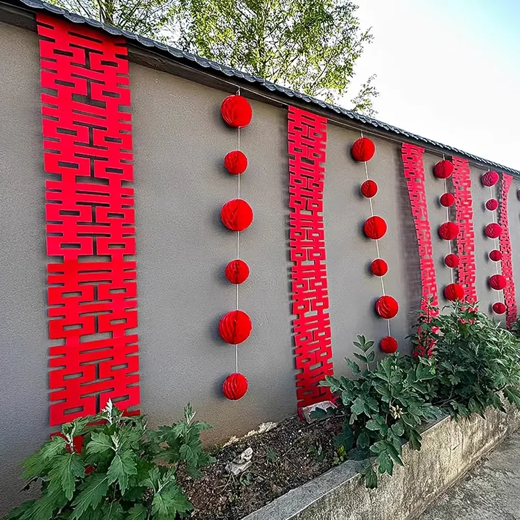 婚礼现场布置长条喜字灯笼挂饰农村结婚男方户外围墙院子拉花装饰