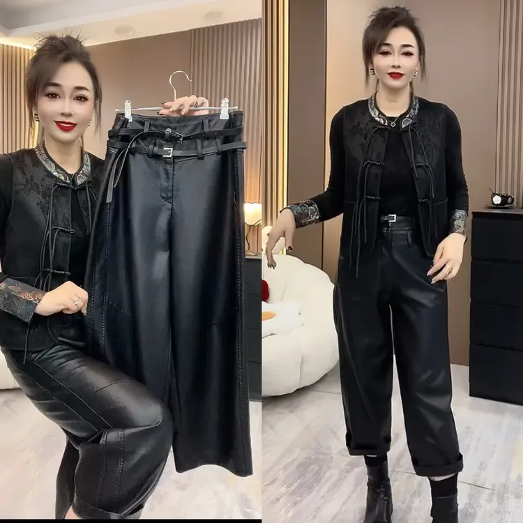 双腰带休闲裤九分裤直筒裤女