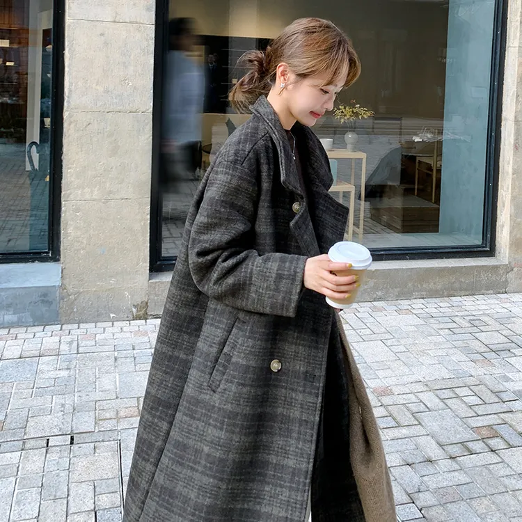 洋气时尚 宽松休闲加厚加！格子毛呢外套女中长款 2C206-L100冬季