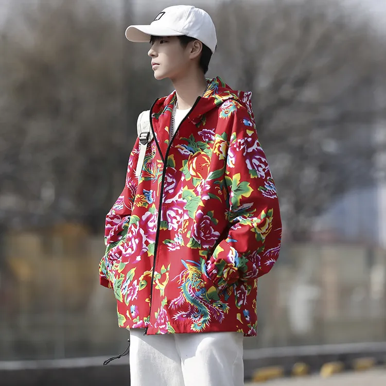大花连帽开衫卫衣夹克外套男女班服团队服中国风民族特